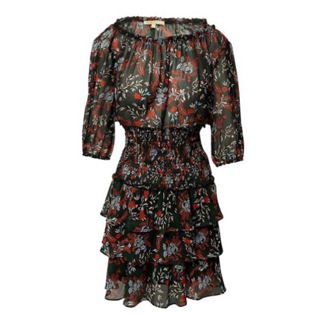 Maje Romeane Dark Romantic Floral Chiffon Ruffle Dress Size 2